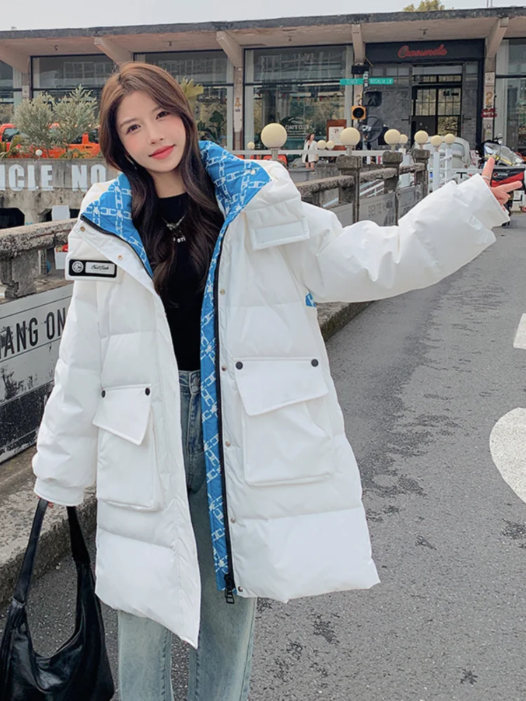 Winter Duck Down Coat Jackets for Women 2024 Hooded Thickened Warm Outerwears Color Clash Patchwork Snow Women's Down Jacket