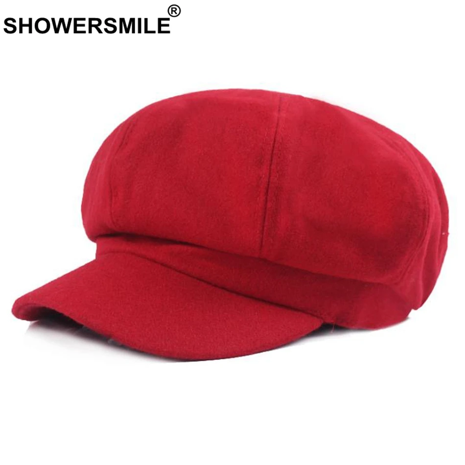 SHOWERSMILE Burgundy Newsboy Caps Women Solid Wool Painters Hat Vintage Female Red British Autumn Winter Octagonal Cap Newsboy