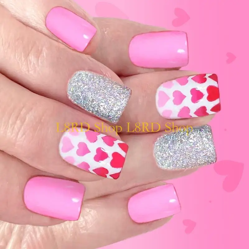 L8RD 24Pcs French Tip False Glossy Pink Heart Design Short Artificial for Valentine Party Artificial Fingernails