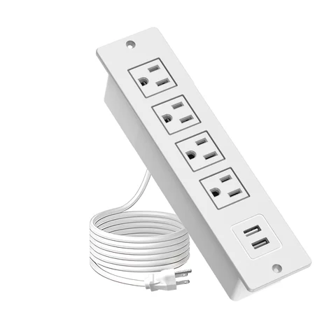 Recessed Mount Built-in Power Strip 4 AC Outlets 2 USB-A Ports (5V 2.1A) Embedded Power Hub with 1.5 meters of extension cord for Office Conference Table Workstation Use