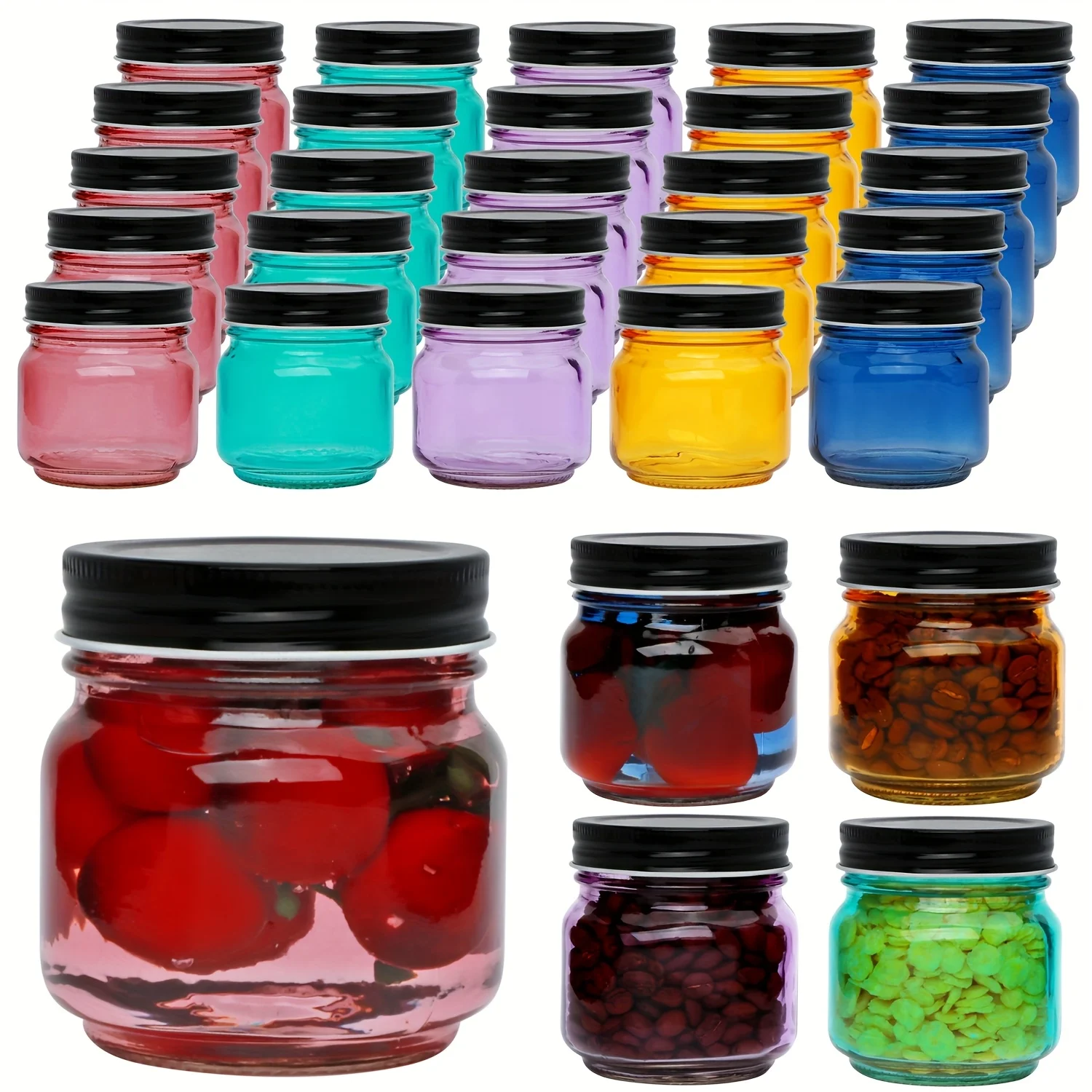 

30-Piece Set of 8 oz Mini Colored Glass Mason Jars with Secure Metal Lids – Ideal for Kitchen Organization, Jam, Honey, Candles, Small-Batch Canning, Wedding or Shower Favors, Spices, Jelly, and Everyday Food Storage – Ready to Ship from Local Warehouse
