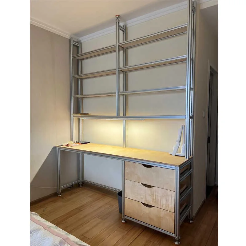Aluminum Profile Desk with Drawer Storage Cabinet for Home Office Computer Desk Integrated Bookcase
