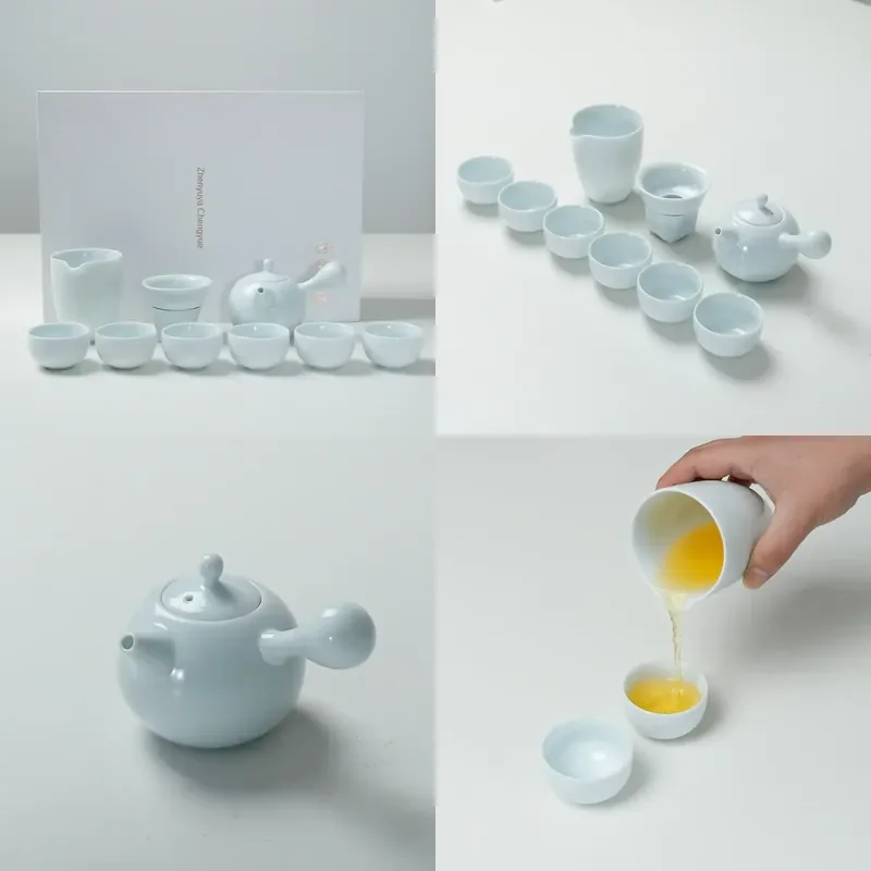

【CHIMU HOME】 High-End Gift Box Packaged Japanese Style Misty Blue Kung Fu Set Porcelain Ceramic Teapot for Custom Logo