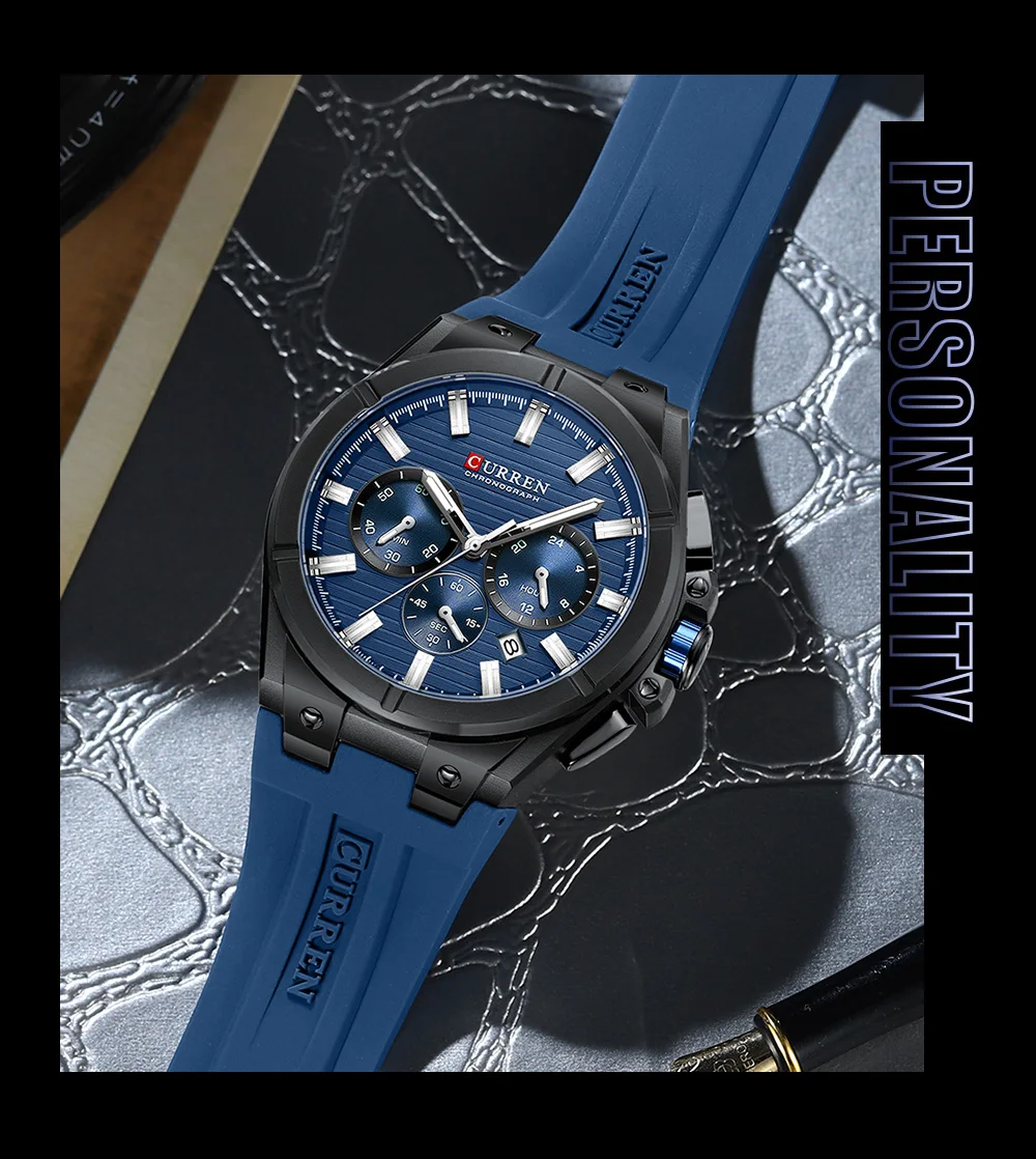 CURREN Herren-Luxus-Chronographenuhr mit 44-mm-Gehäuse, modische Quarz-Armbanduhr, lässiges Sport-Silikonarmband mit automatischem Datum. – Detail 9