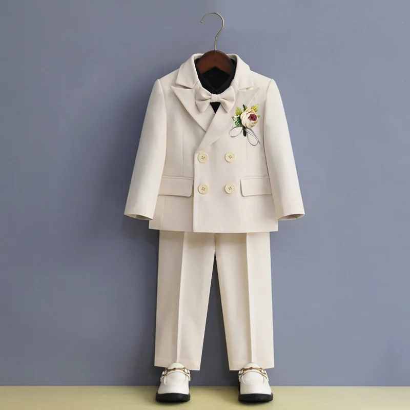 

Children's Formal Beige Suit Set Boys Wedding Dresses Baby's First Birthday, Performance Host Costume Kids Blazer Pants Bowtie