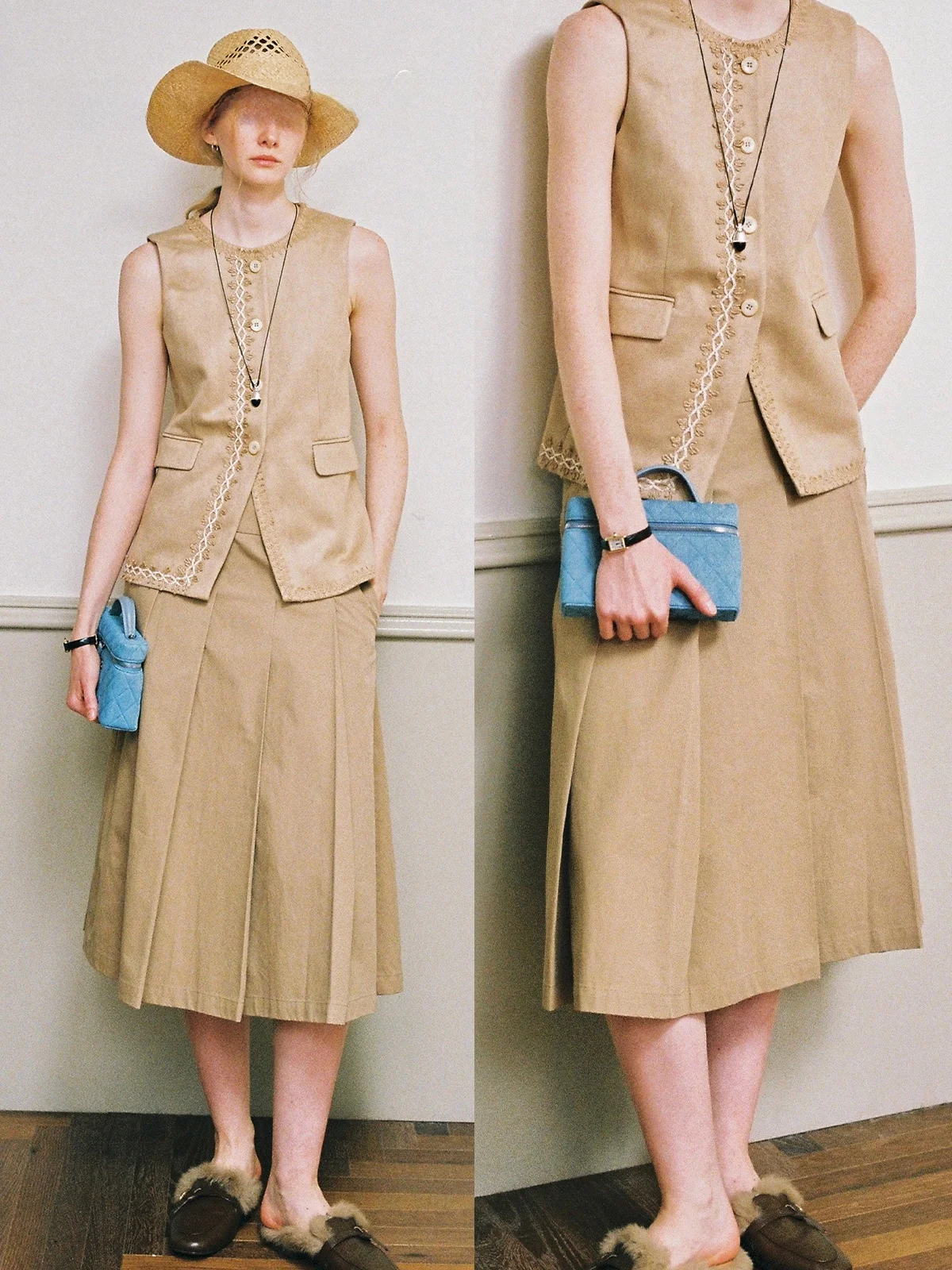 

Retro Original Design Midi Skirt Pleated Cotton Casual A-Line Silhouette Women's Faion Spring Season Folded Narrative Theme