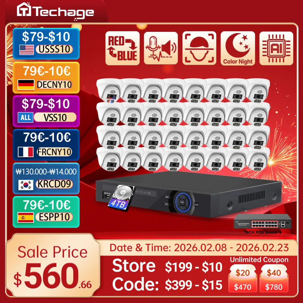 

Techage 32CH NVR 4K POE Security Camera System 8MP 5MP AI Face Detection Two Way Audio CCTV Video Surveillance Set XMEYE Kits