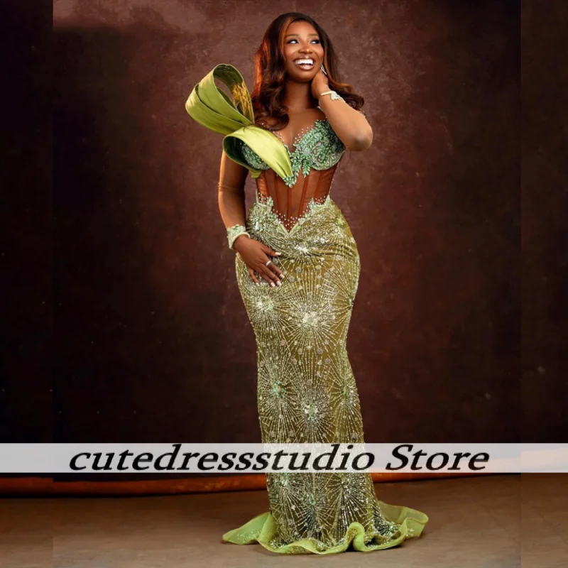 Attractive Green See Through Long Sleeves Mermaid Evening Dress For Women Luxurious Wedding Guest Dresses Prom Gowns Customized