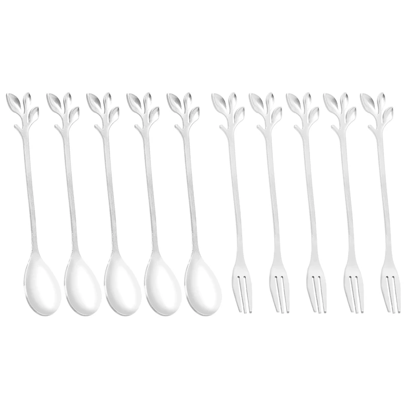 5Spoon+5Forks Stainless Steel Leaf Coffee Cake Spoon Fork Dessert Spoons, Stirring Teaspoon Set