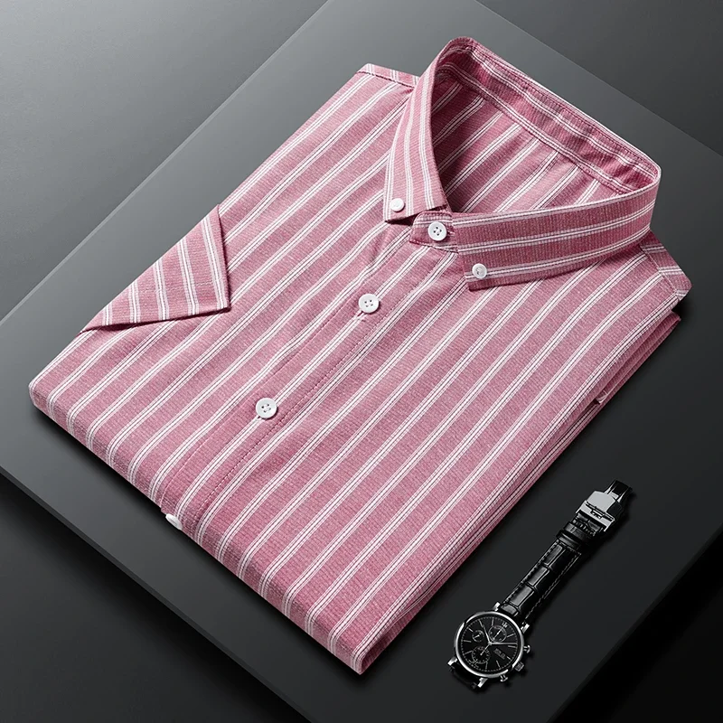 New Men's Casual Striped Short Sleeved Lapel Cotton Shirt for Summer Fashion Comfort No Ironing Wrinkle Resistant Top