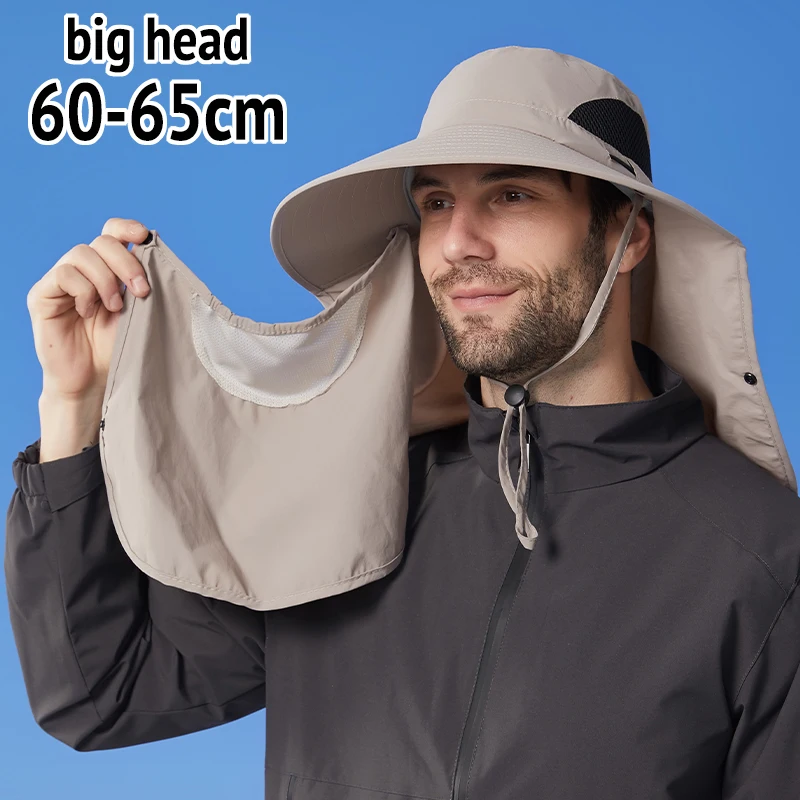 XL XXL Big Head Sun Hat 60-65cm Oversized Large Head Fishing Hat with Face Mask Neck Flap 360 UV Protection Bucket Cap