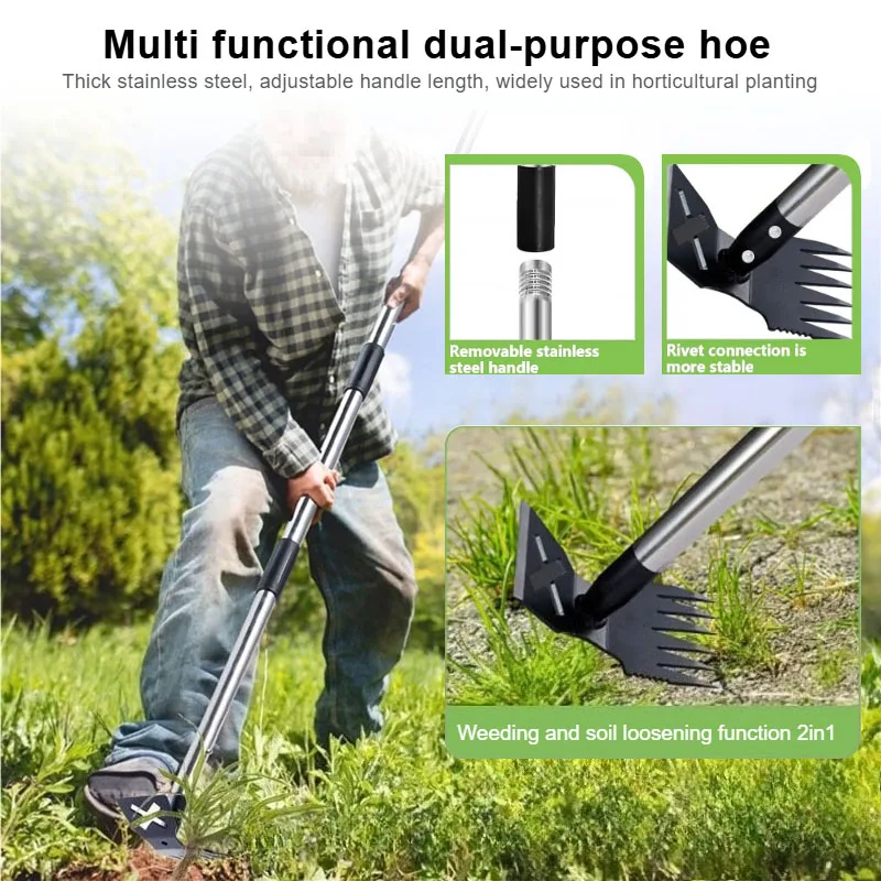 

All steel dual-purpose hoe with adjustable handle, household portable garden rake, weeding shovel, multifunctional small hoe