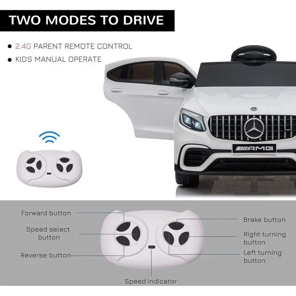 Samochodzik dla malucha 12V z pilotem, Mercedes Benz AMG GLC63S Coupe, samochód elektryczny z 2 prędkościami, odtwarzacz MP3, światła, biały