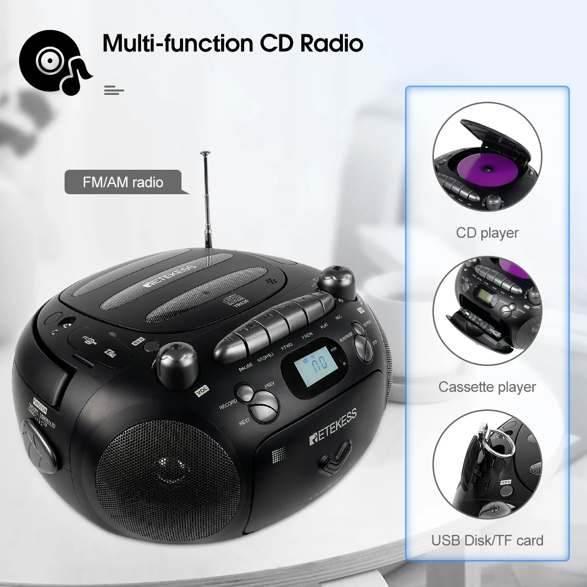 RETEKESS TR630 CD Player Boombox Stereo Portable Radio FM AM Cassette Tape 3W Speaker TF USB Recording Remote Control for Home