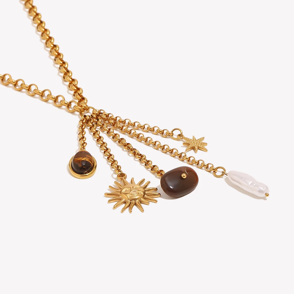 E.B.belle Sun Tiger Eye Baroque Pearl Tassel Charm Necklace  316L Stainless Steel 18K Gold Plated Chain Retro Bohemian Jewelry
