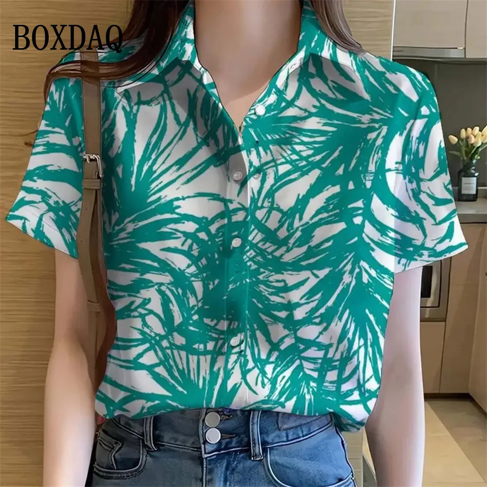 

Hawaiian Womens Shirts Tropical plant leaves 3D Printed Tops Casual Short Sleeve Button Beach Shirt Summer y2k Women's Clothes