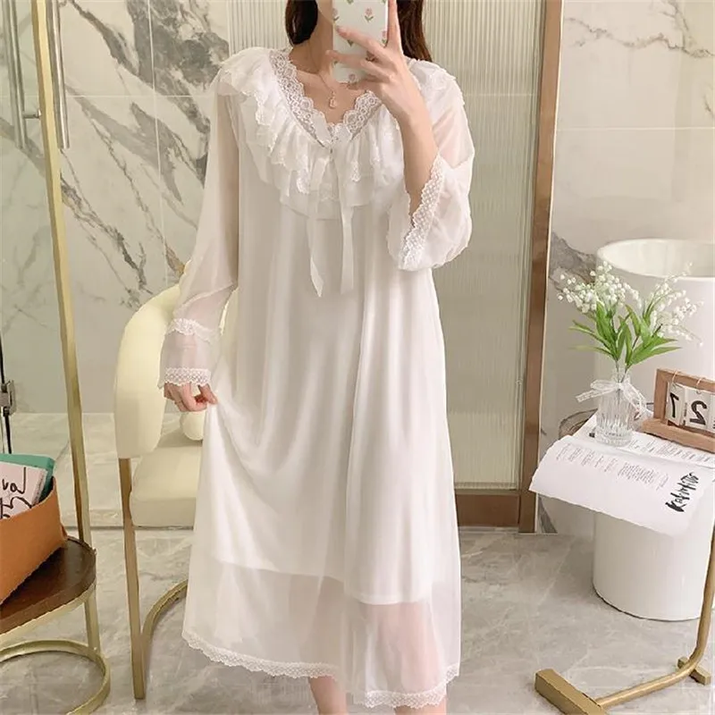 Fdfklak Lose Loungewear Nacht Kleid Frauen Casual V Neck Süße Mesh Spitze Nachtwäsche Weibliche Nachthemden Langarm Nachthemd