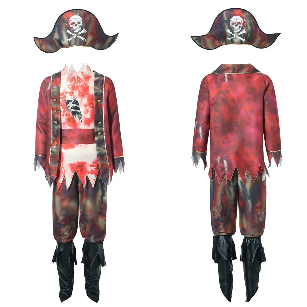 Piraten Kapitein Cosplay Uniform Voor Mannen Horror Bloedige Zombie Eendelige Piraten Outfit Podium Show Halloween Verkleedpartij Kostuum