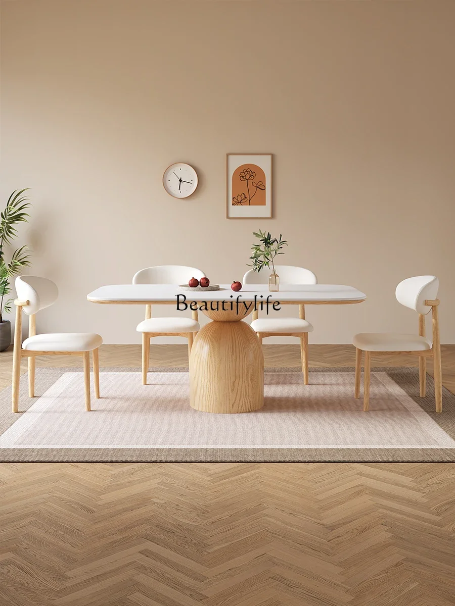 

FG44Log Cream Style Solid Wood Stone Plate Dining Tables and Chairs Set Rectangular