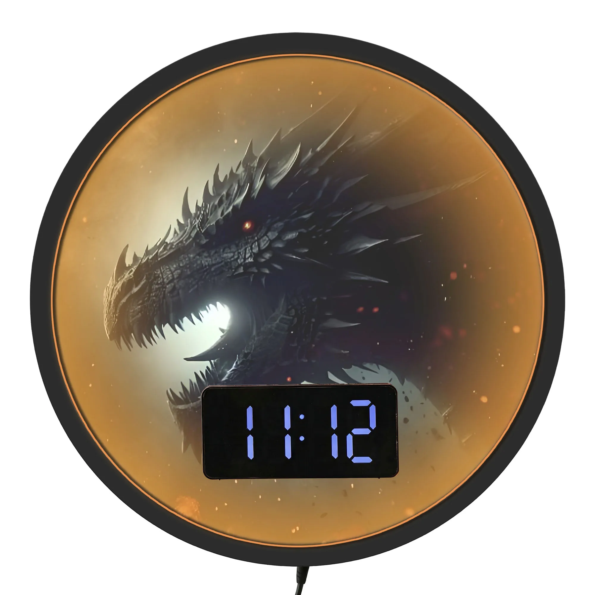 Mythical Fire Dragon LED Night Light Wall Clock with Digital Timer Calendar Date Temperature Dark Fantasy Home Decor Wall ClockM