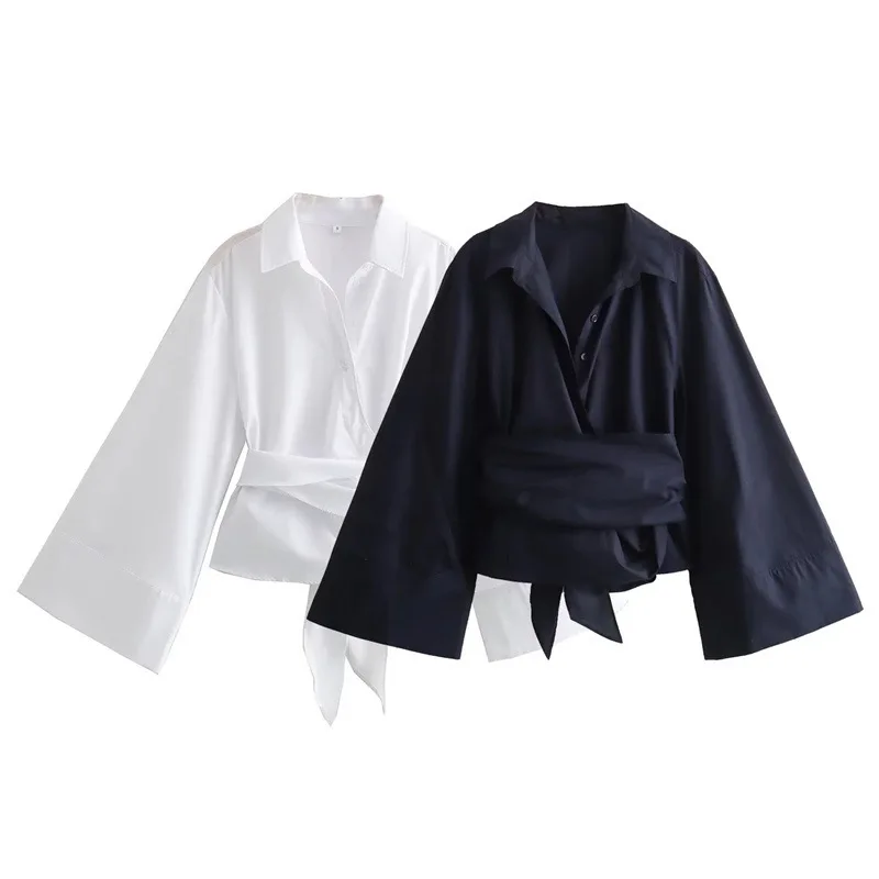 Women's Long Sleeve Kimono Blouses With Bow Tie, Casual Polo Neck, Front Button, Female Shirts, Double Breasted Poplin Shirt