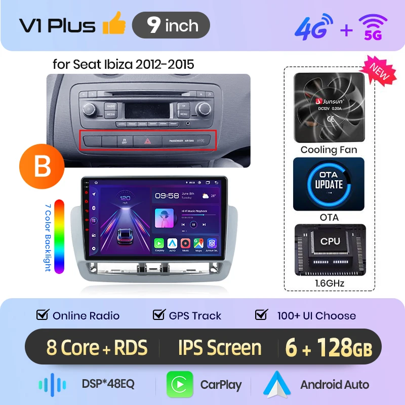 Junsun Wireless CarPlay voor Apple Android Auto autoradio voor Seat Ibiza MK4 6j 2008 2009 2010 2011-2013 GPS multimediaspeler stereo autoradio touchscreen
