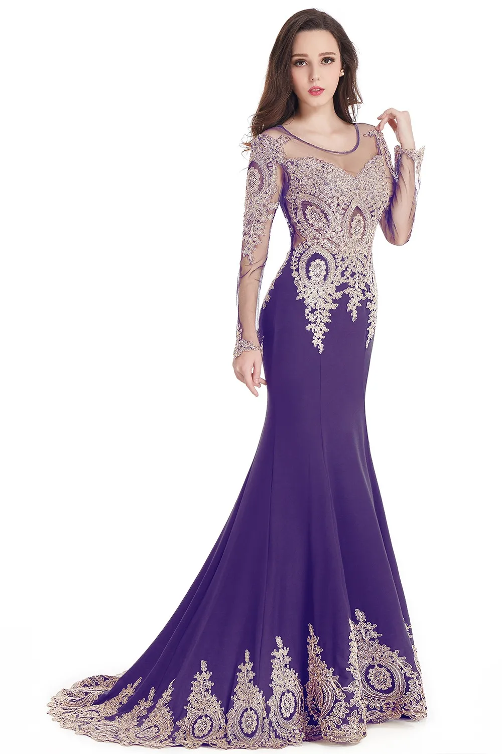 Sexy Mermaid Evening Dresses Gold Lace Appqulies O-Neck Tulle Long Sleeve Gowns Slim Floor Length Party Prom Dress With Train