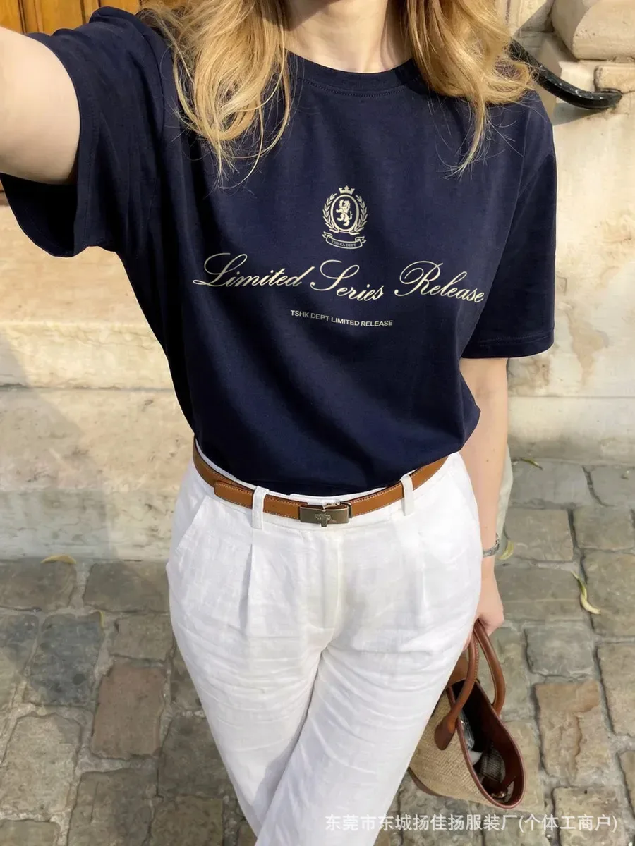 American Women Navy Blue Oversized Cotton T-Shirt 