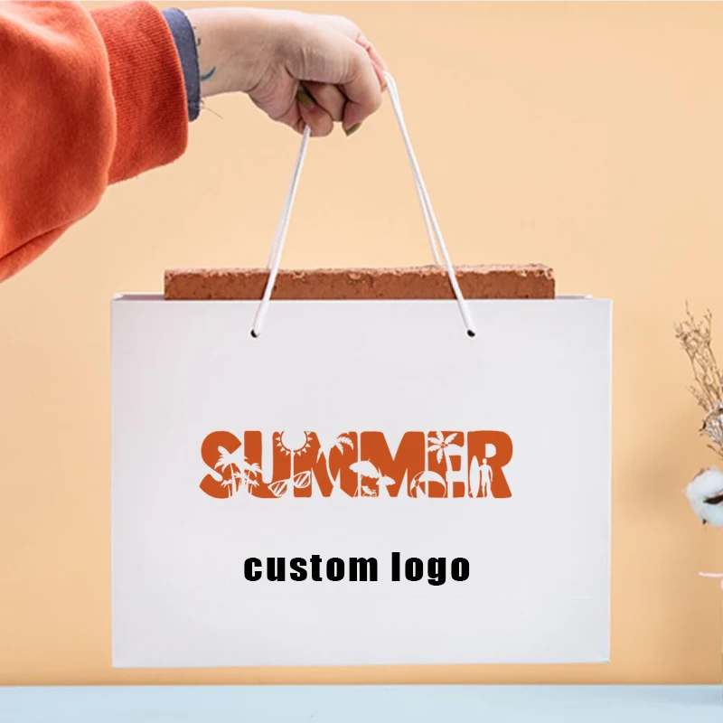

Customized Printed Logo White Kraft Paper Handbag Shopping Gift Bag Pet Party Packaging Pouch