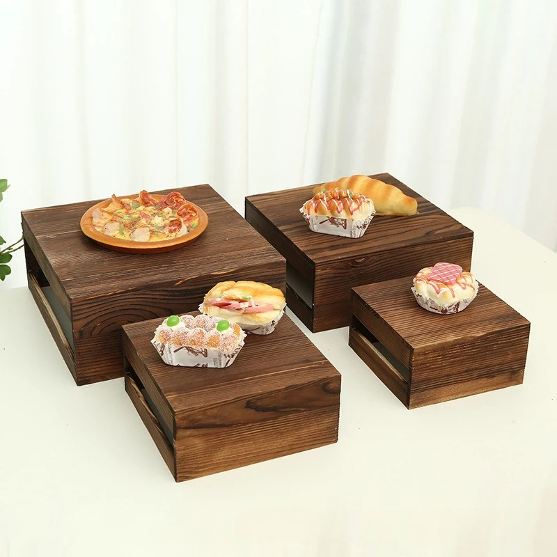 Household Wooden Dessert Table Rack, Solid Wood Square Desktop Display Holder for Cakes, Bread, Snacks and Pastries
