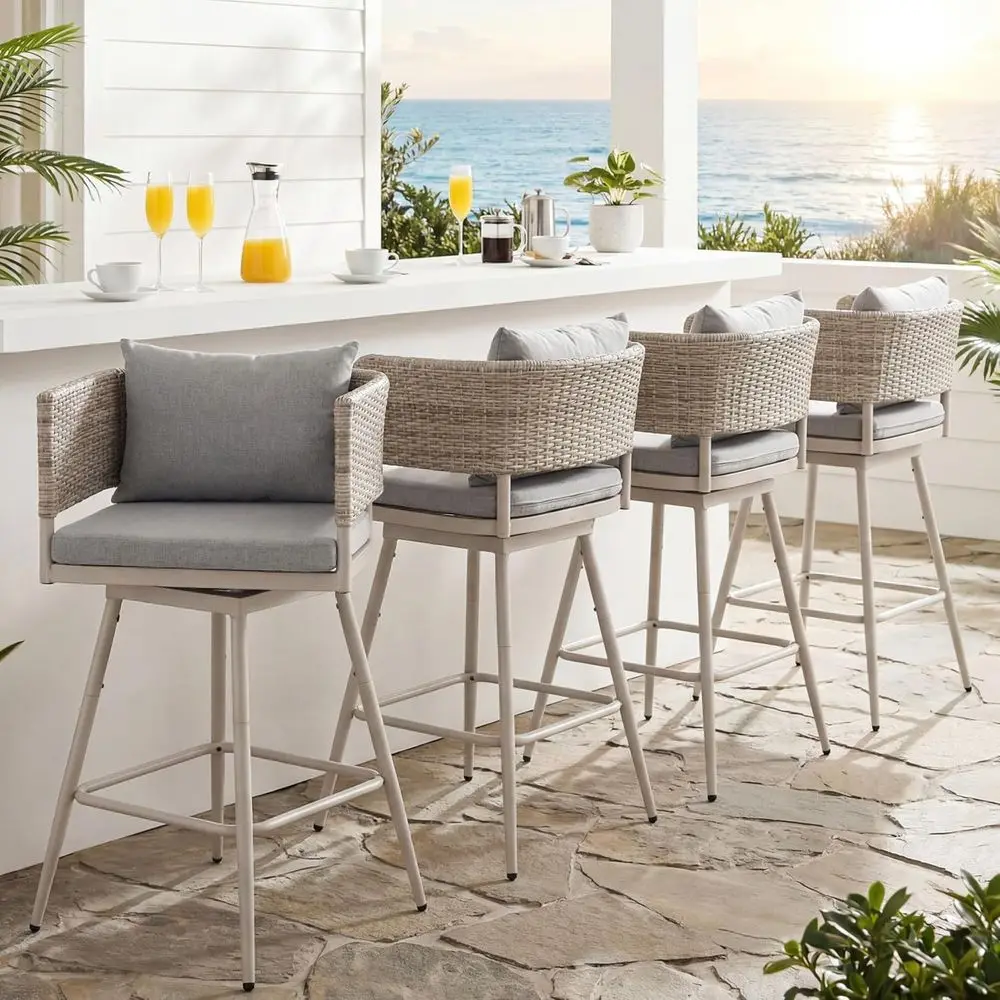 

Set of 4 Weather-Resistant Outdoor Swivel Bar Stools with Armrests for Patio, Balcony, and Poolside Entertaining in Grey