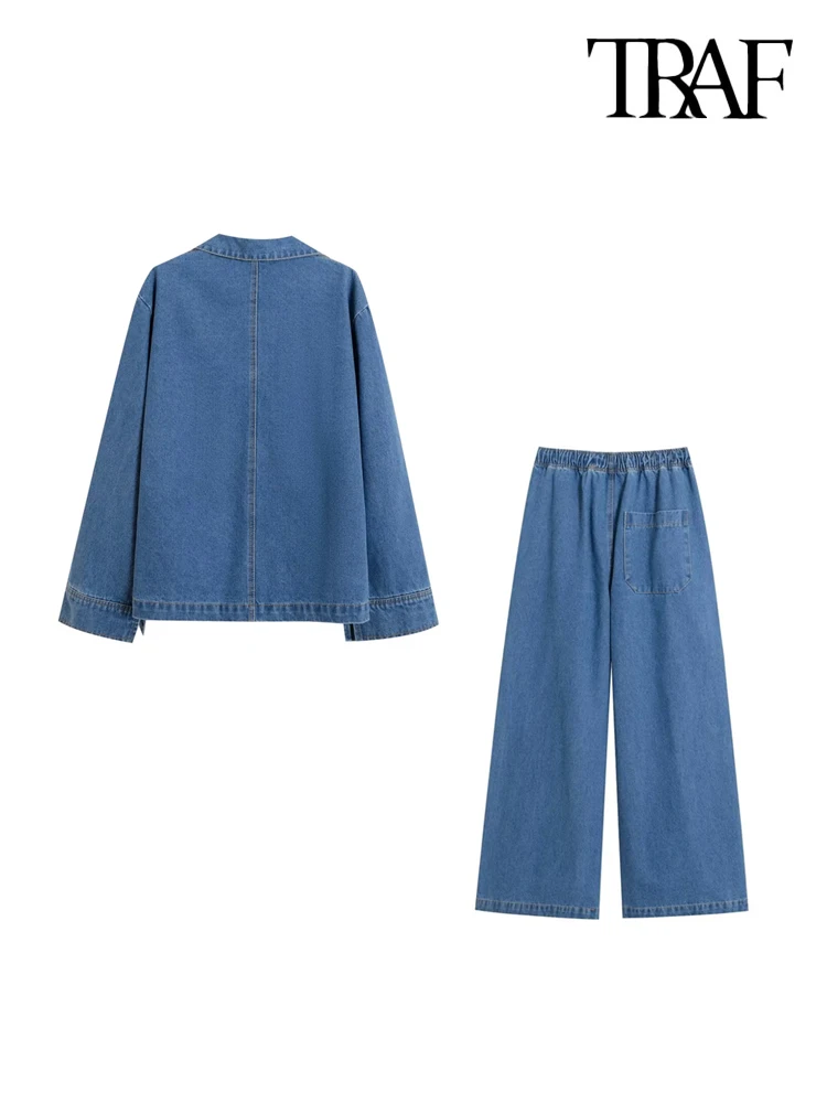 TRAF Women Fahion With Pockets Denim Loose Shirts And High Elastic Waist Drawstrings Wide Leg Pants Female Two Piece Sets Mujer