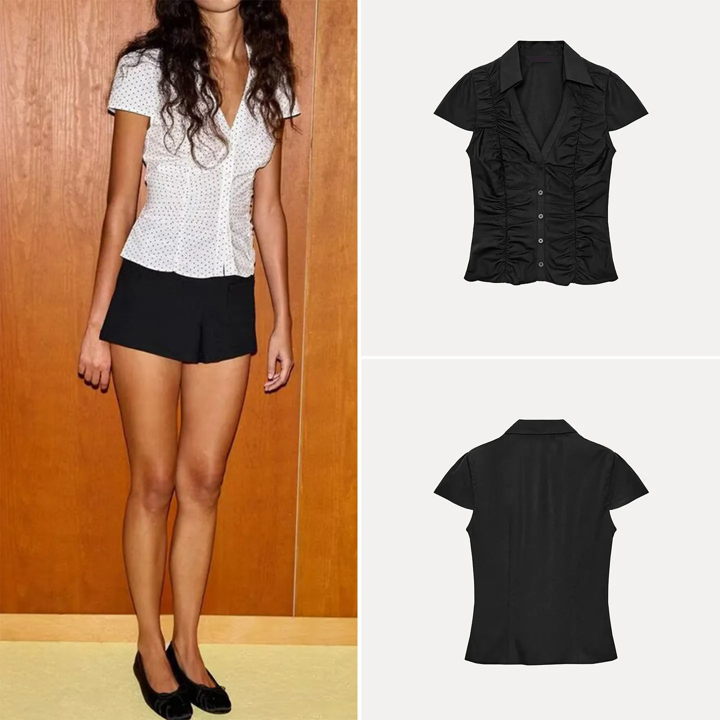 

Женская повседневная рубашка Весна 2026 с пуговицами, коротким рукавом, V-образным вырезом, плиссировкой и декором, стандартный крой, из микроэластичной ткани