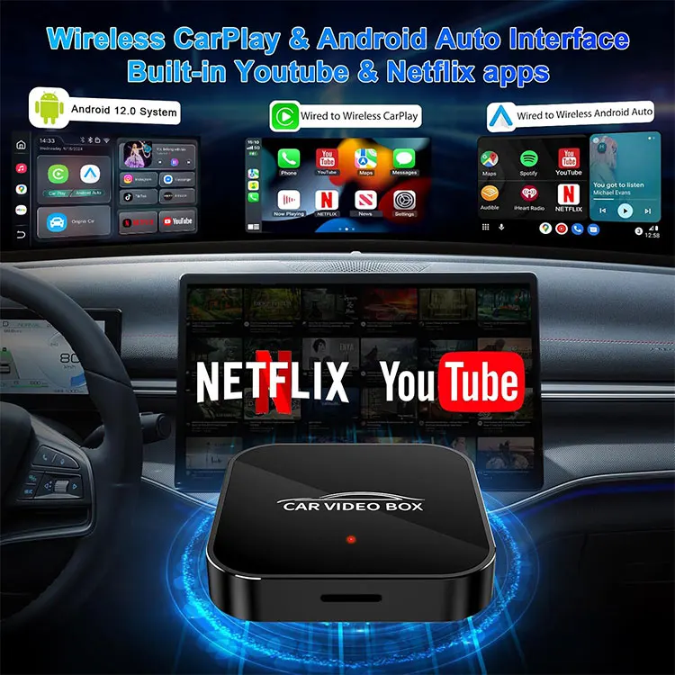 Wooboobox 新型 Android 12 2 in 1 CarPlay ビデオボックス ワイヤレス CarPlay Android Auto アダプター Netflix YouTube対応 車載アクセサリー
