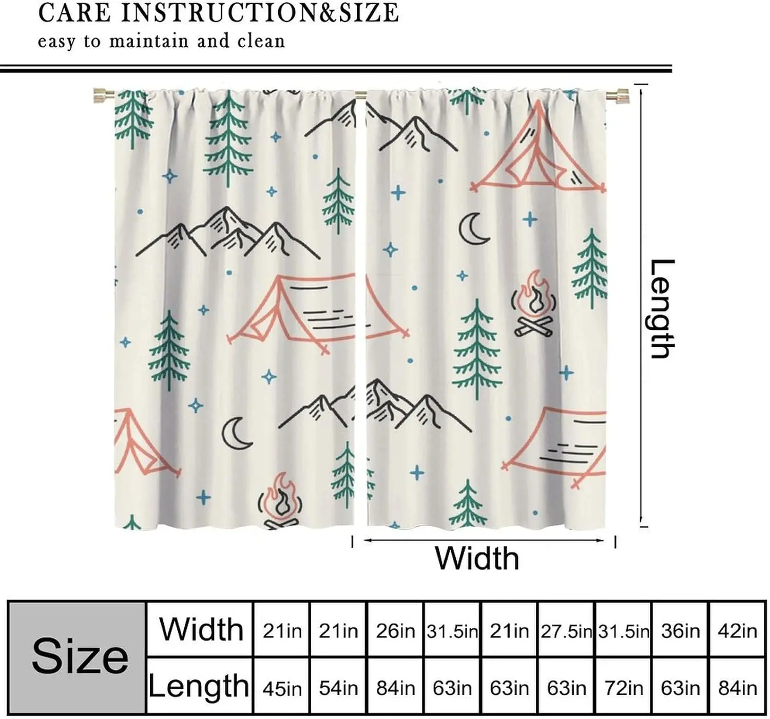 Forest Camping Blackout Curtain Cream Sketch Mountain Pine Tent Campfire Star Rod Pocket Panels Adventure Kids Bedroom Decor