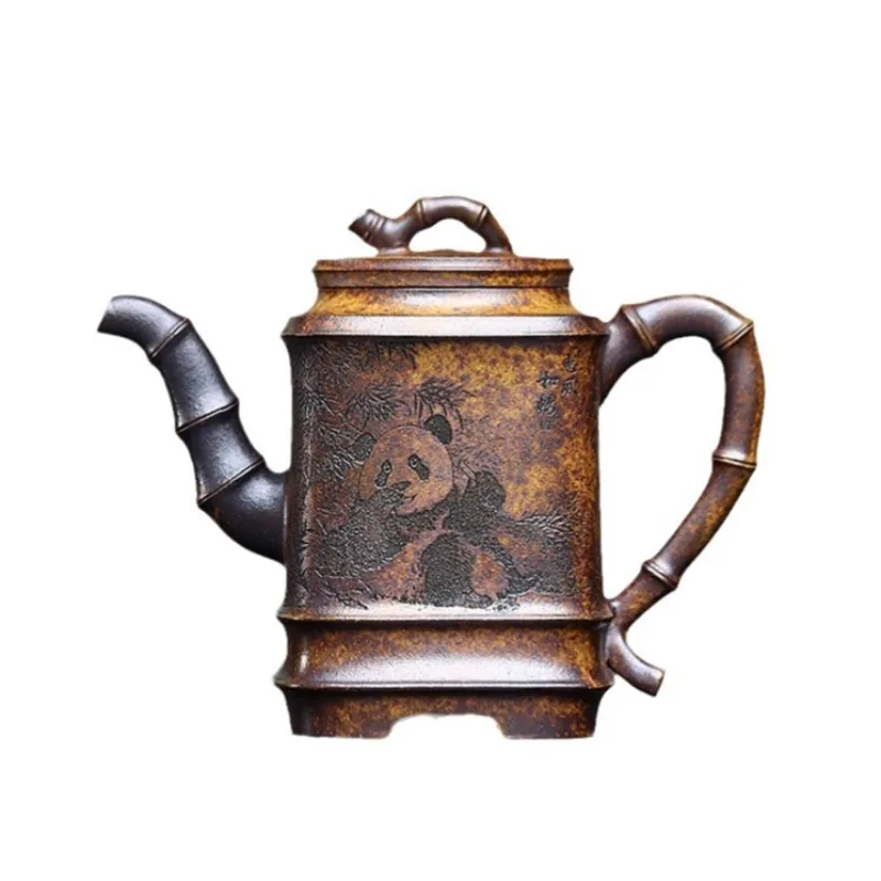 300ml Panda Square Bamboo Segment Yixing Handmade Purple Clay Teapot, Raw Ore, Gold Sand,tea Pot, Kung Fu Tea Set