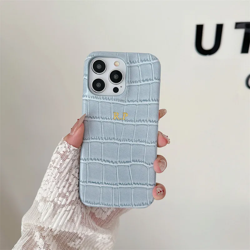 Personalise Gold Silver Initial Crocodile Luxury Leather PU Cases For Iphone 14 12 11 13 15 16 17 Pro Max 14 15 plus Hard  Cover