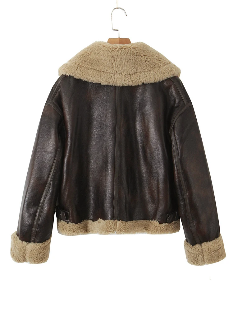 [EAM] Brown Lambswool Thick Big Size PU Leather Jacket New Lapel Long Sleeve Women Coat Fashion Tide Autumn Winter 2024 1DH8481