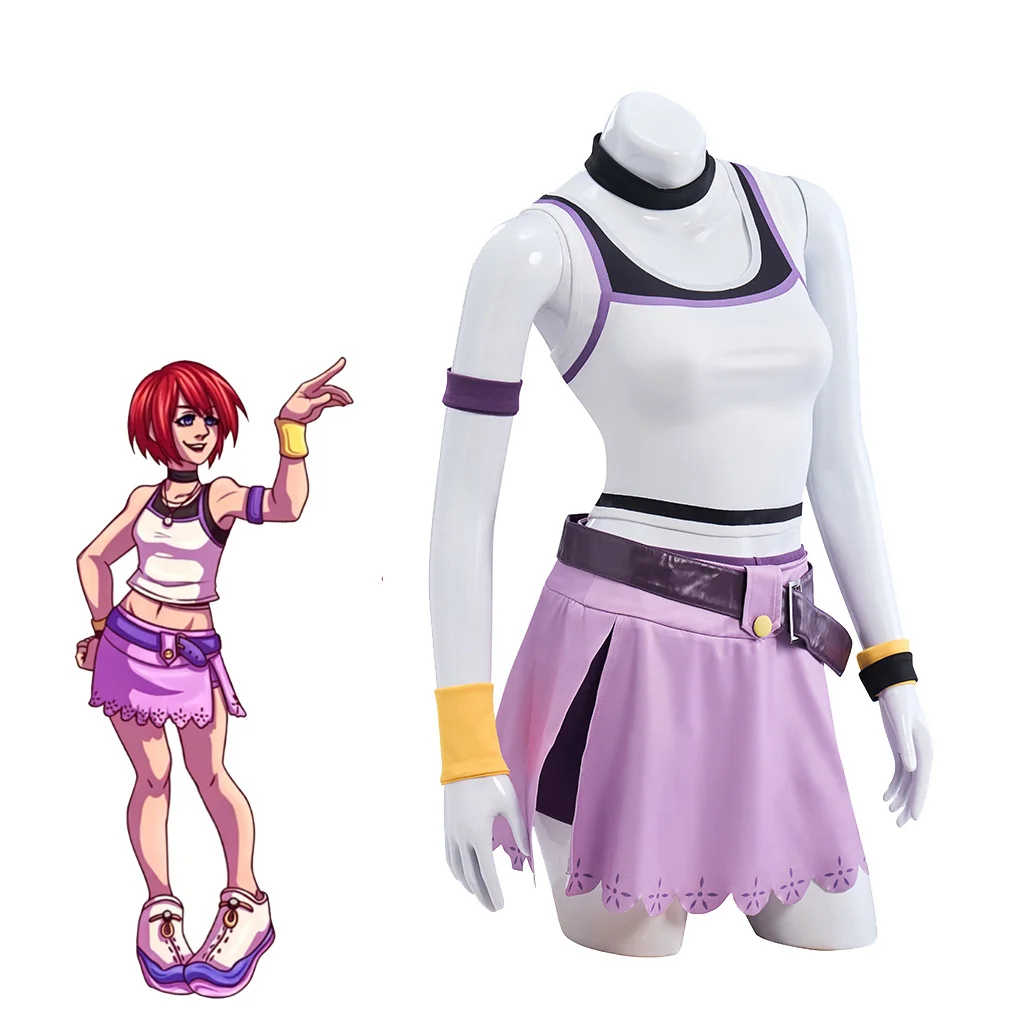 Disfraz de Cosplay de Kingdom Hearts Kairi, Conjunto de Vestido Morado Sexy, Top Camisola y Falda de Kairi, Vestido de Fiesta de Halloween para Mujer