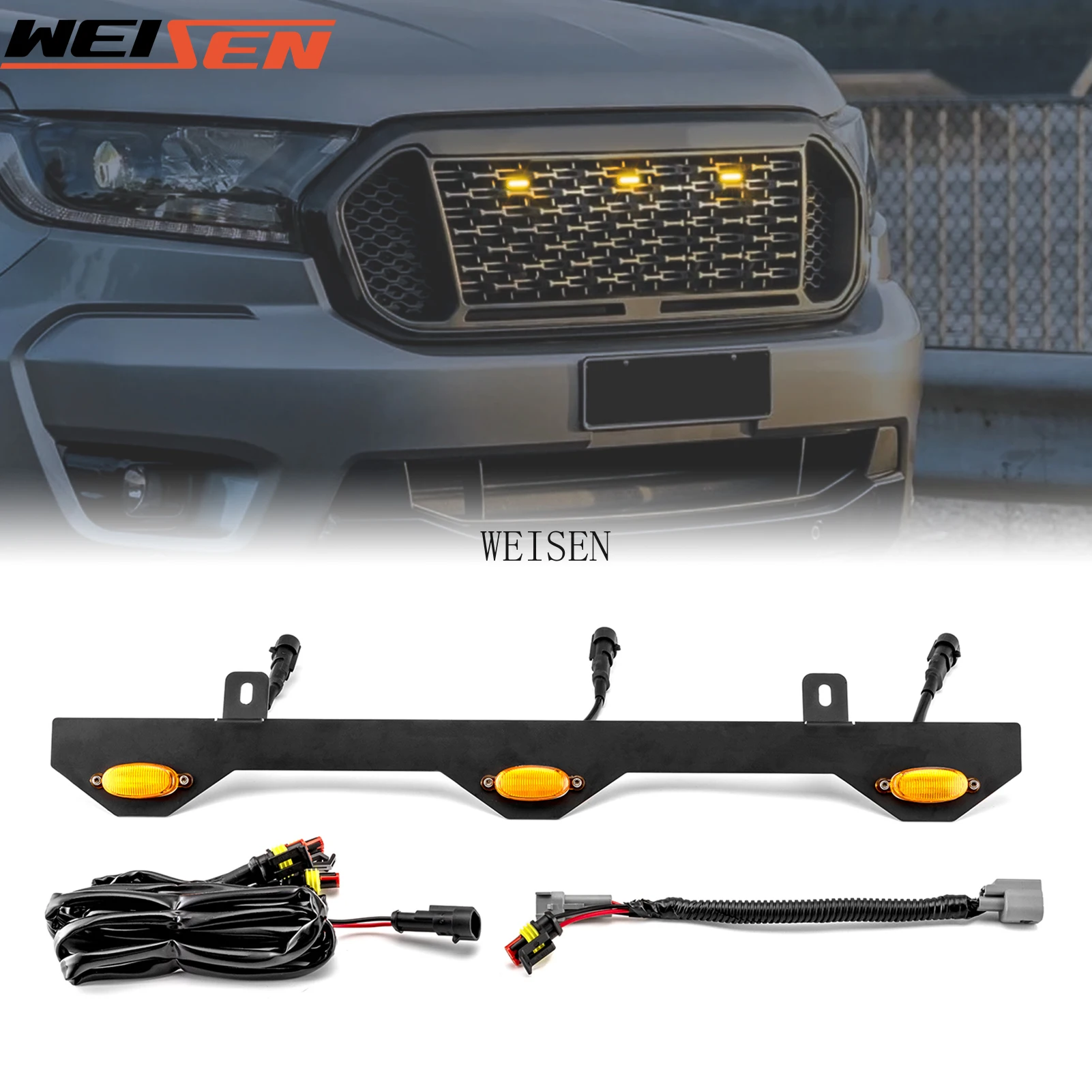 

Car Raptor Style Front Mesh Grille Light Kit with Amber LED Lights Mounting Bracket for 2019-2023 Ford Ranger ONLY – XL & XLT