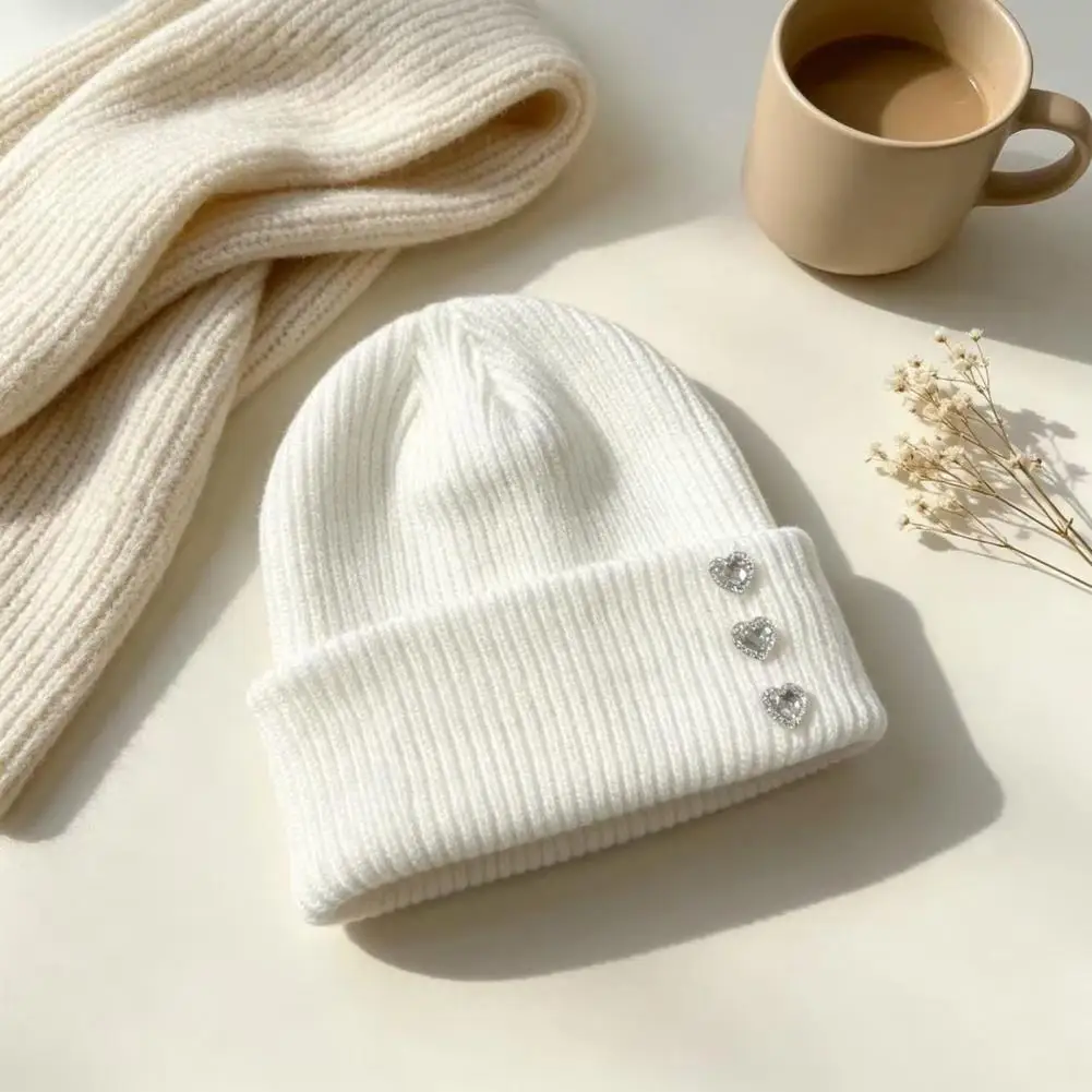 Soft Stretchy Knit Hat for Weather Winter Knitted Hat for Women Heart Rhinestone Knitted Hat Women Glitter Winter Warm for Wear