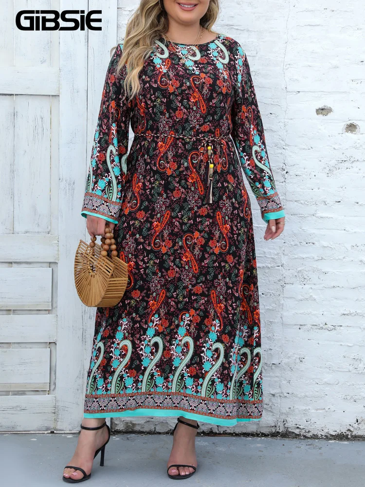 GIBSIE Plus Size Floral Print O-Neck Boho Women Dress Casual Long Sleeve Vintage Bohemian Fall Maxi Dresses With Tassel Belt