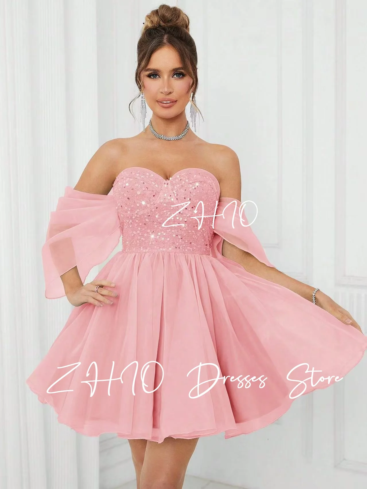 ZHIO princesa lentejuelas Rosa Mini vestido de fiesta de boda fuera del hombro drapeado Organza corto ocasión especial vestido de graduación personalizado