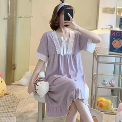 Sweet Pajamas Dresses Sleepwear Korean Fashion Nightdress Lingeries for Woman Short Sleeve  Lace Patchwork Summer Nightie