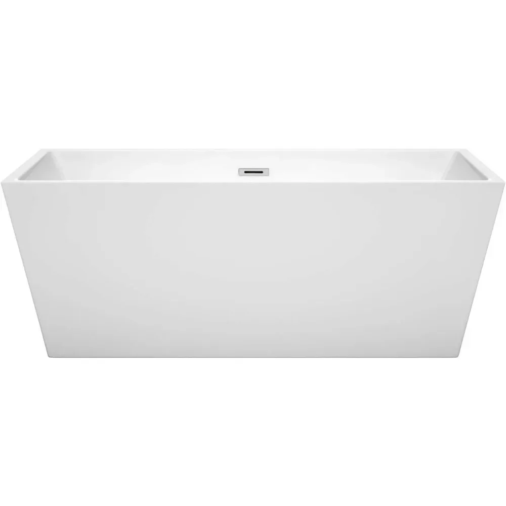 Glamorous Freestanding Bathtub in Glossy White, Featuring Polished Chrome Drain & Overflow Trim for Ultimate Soaking Comfort