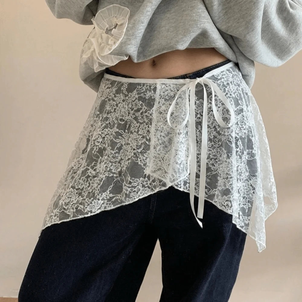 

Французская кружевная мини-юбка с асимметричным подолом в стиле Y2K, уличная мода, с драпировкой, вышивкой и рюшами, на шнуровке, в стиле Харадзюку