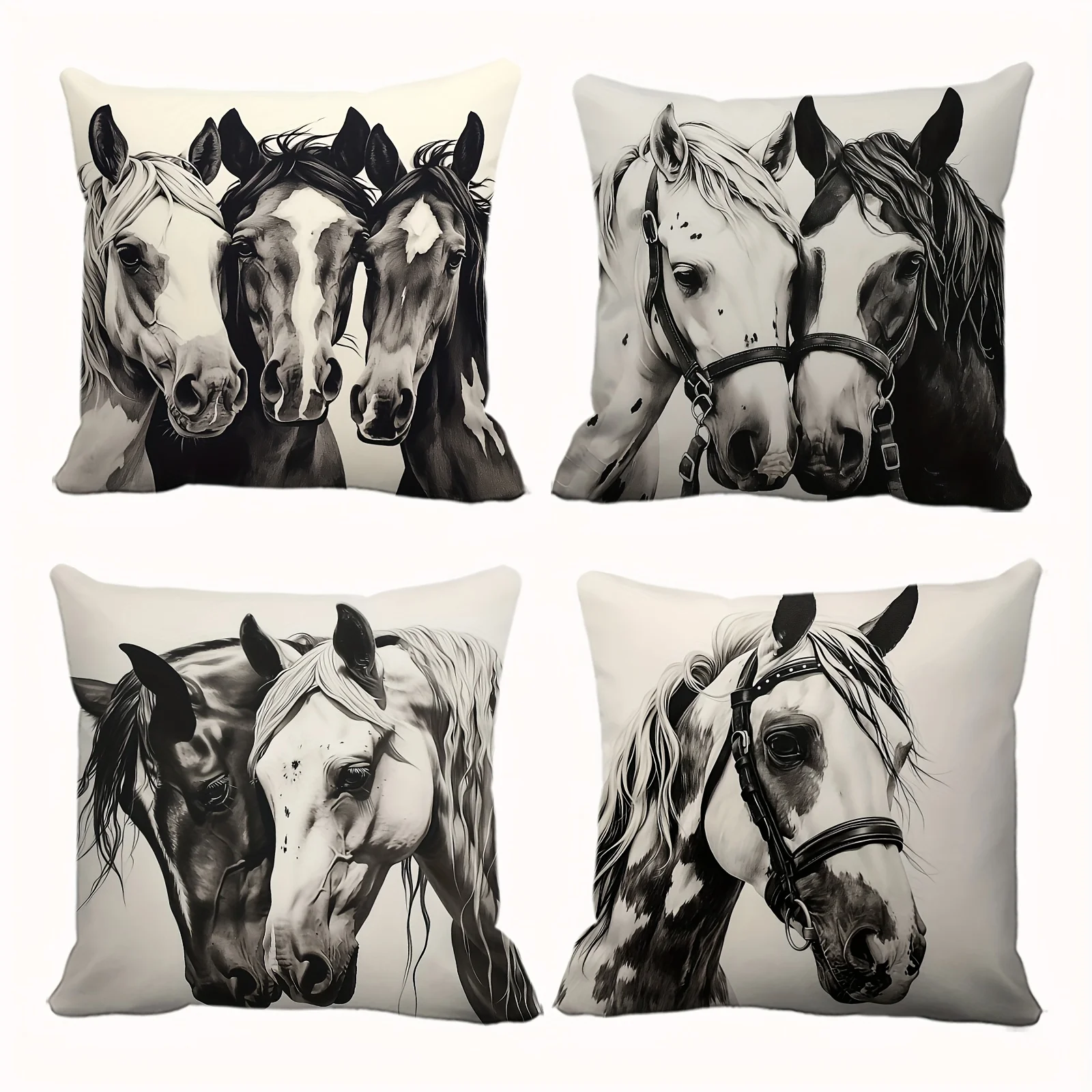 Realistic Horse Art Print Pillow Covers 4 Piece Decorative Throw Cushions Set for Living Room Home Decor Polyester Artwork