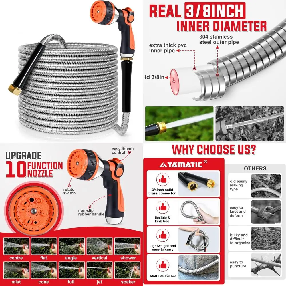 

Stainless Steel 75FT Garden Hose with 10 Spray Patterns, Heavy Duty Metal, Kink-Free, Rust Resistant Water Hose for Outdoor Use