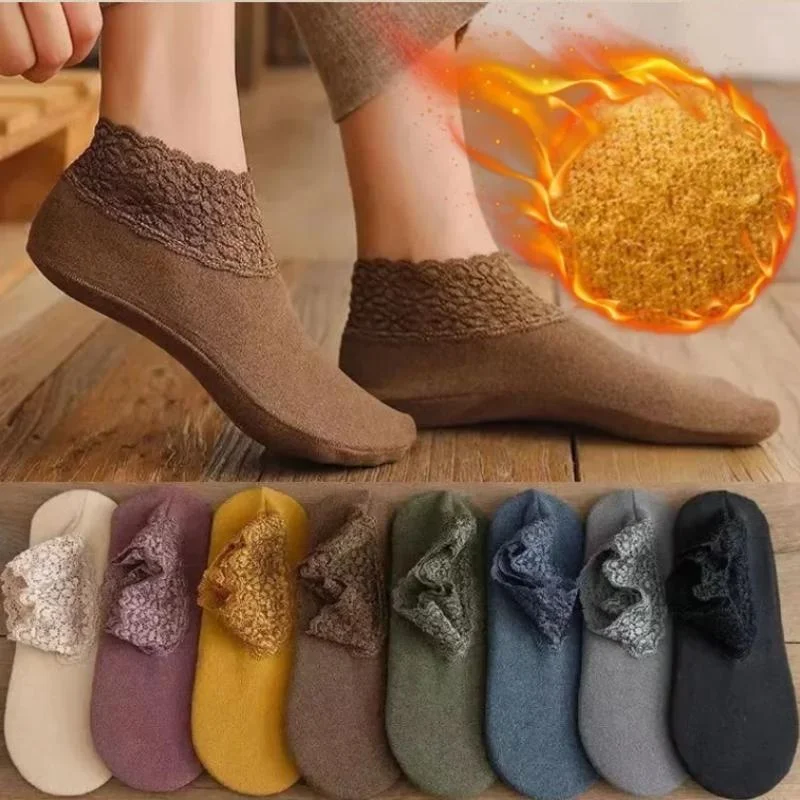 Women Low Lace Tube Socks Vintage Breathable Velvet Warm Home Floor Socks Anti-slip Sock Slippers Thin Ladies Lace Boat Socks