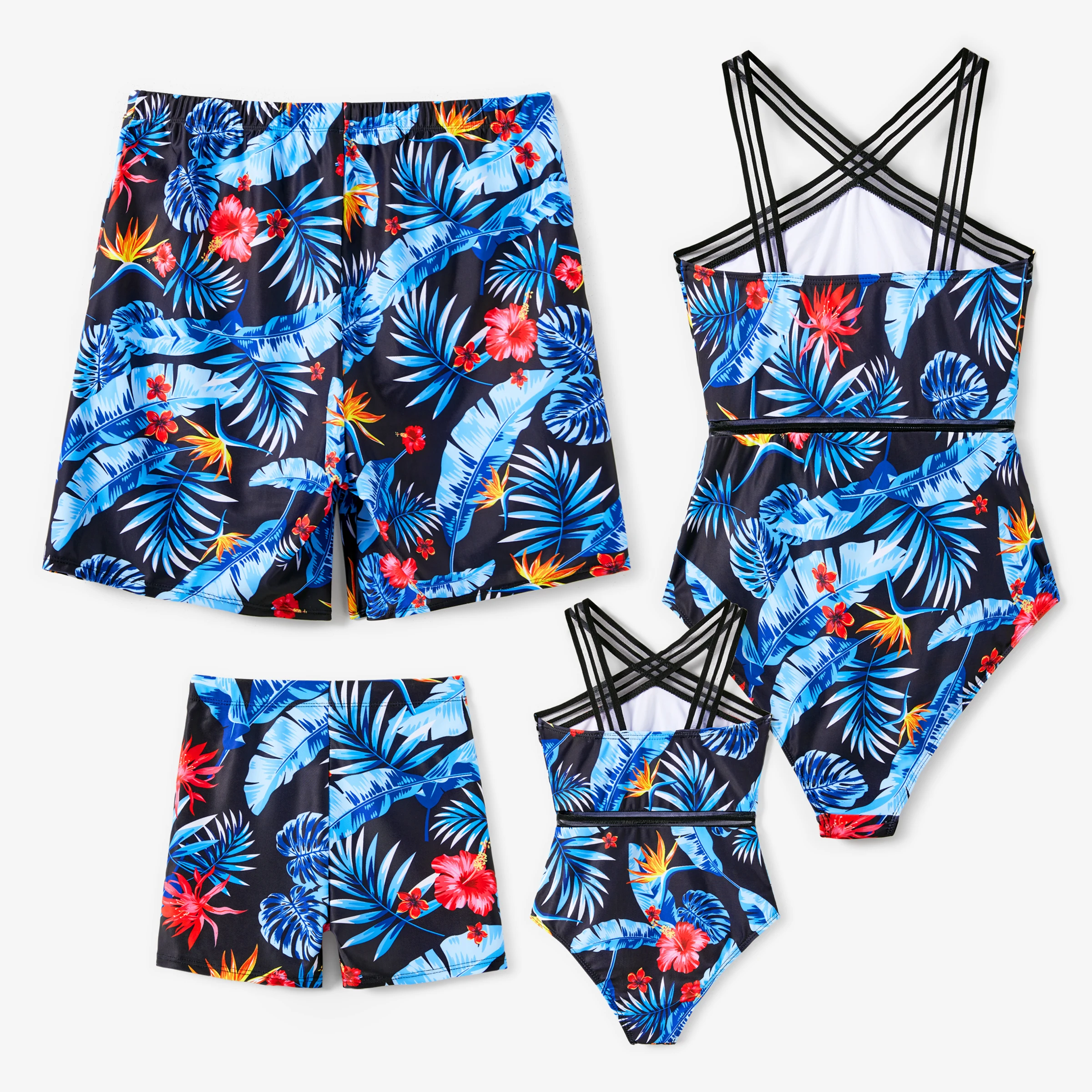 PatPat Family Matching Floral Drawstring Swim Trunks or Mesh Cross Strap One-Piece Swimsuit